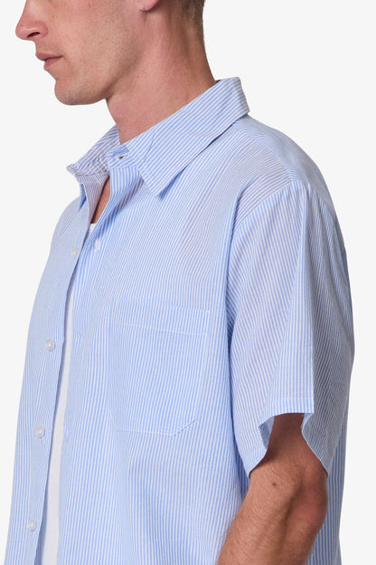 Striped Poplin Cropped S/S Shirt - Blue/White
