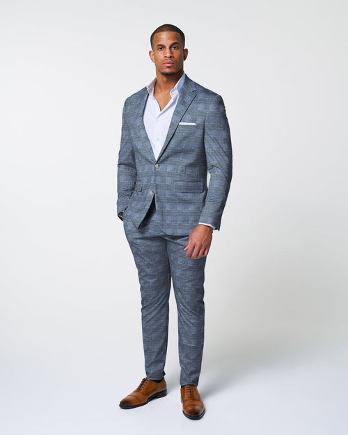 Athletic Fit Stretch Suit - Knit Light Blue, Navy & White Plaid
