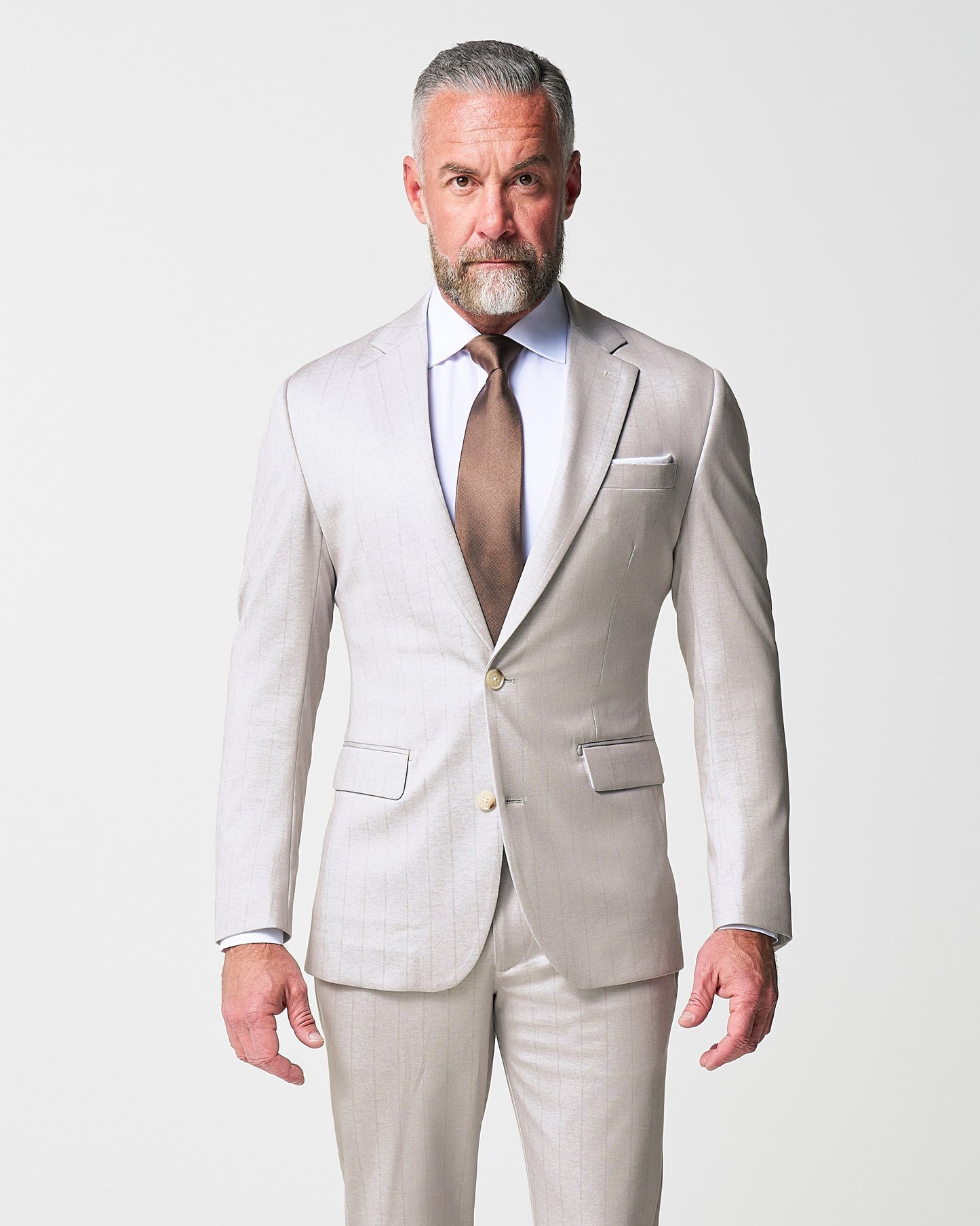 Athletic Fit Stretch Suit - Bone with Tan Stripes