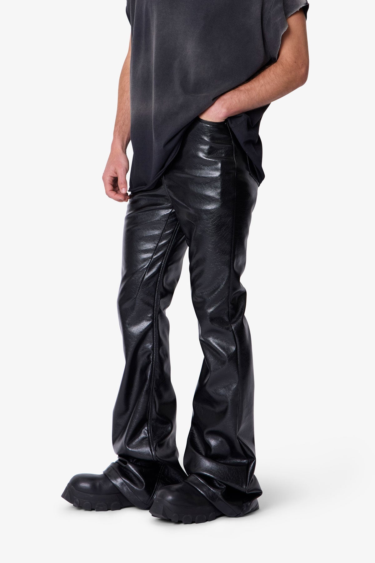 Super Stacked Leather Pants - Black