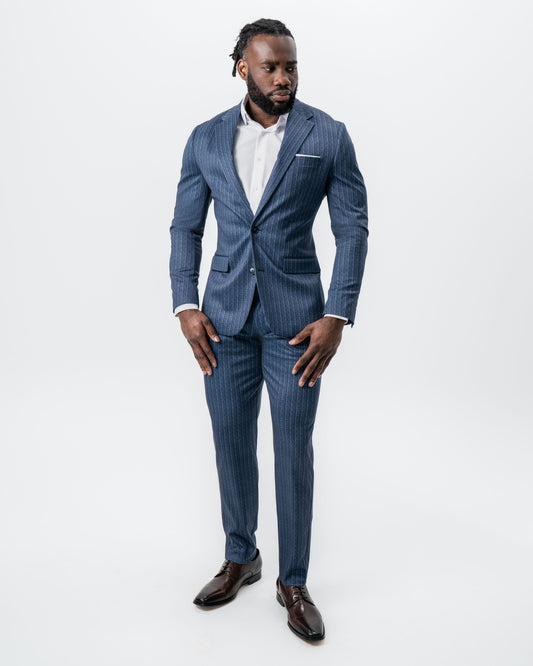 Athletic Fit Stretch Suit - Textured Navy Chalk Stripe