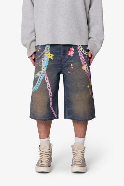Ultra Baggy Chain Printed Denim Shorts - Blue