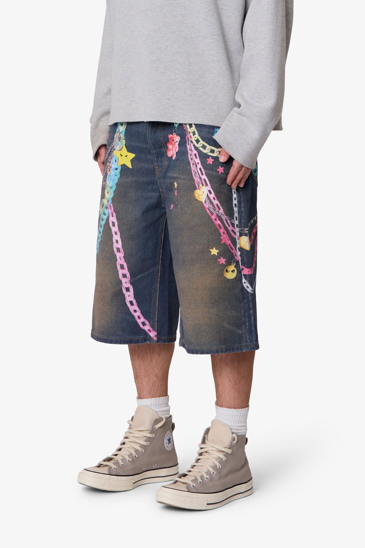 Ultra Baggy Chain Printed Denim Shorts - Blue