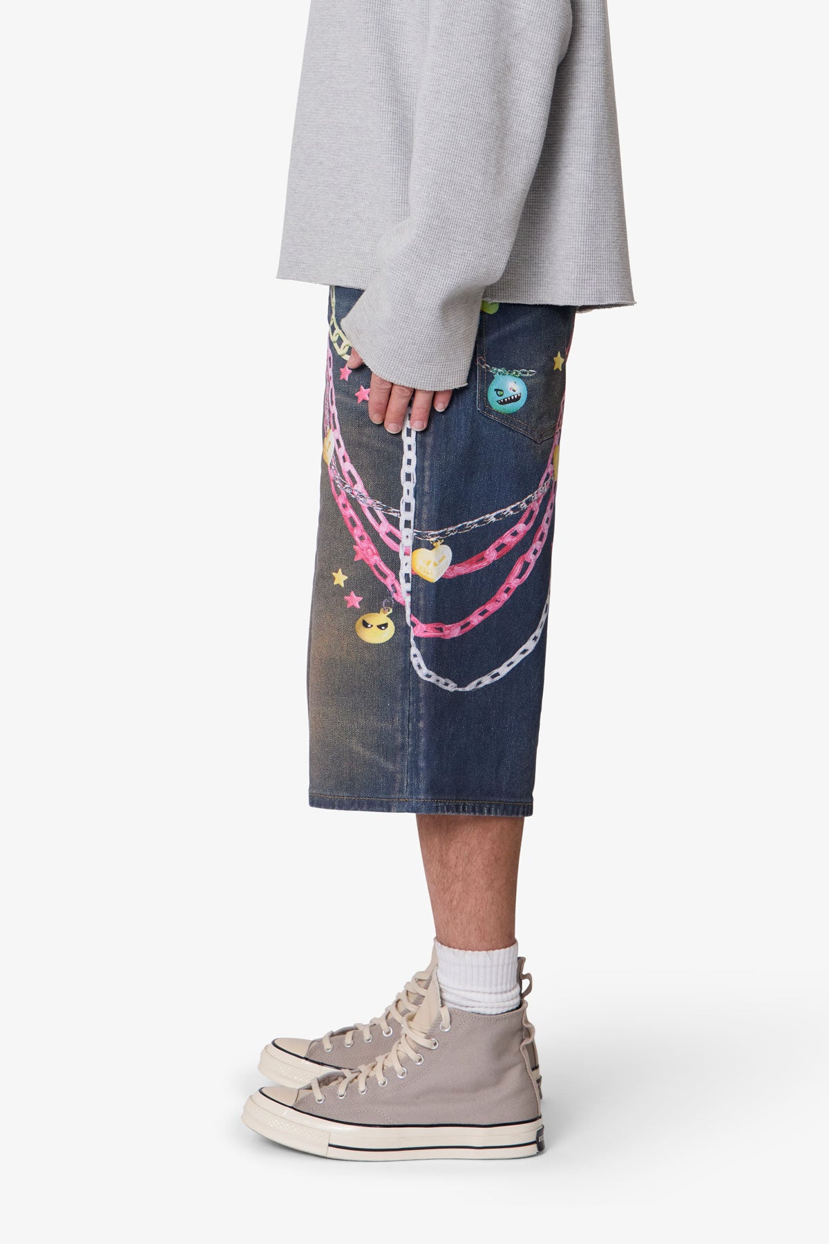 Ultra Baggy Chain Printed Denim Shorts - Blue