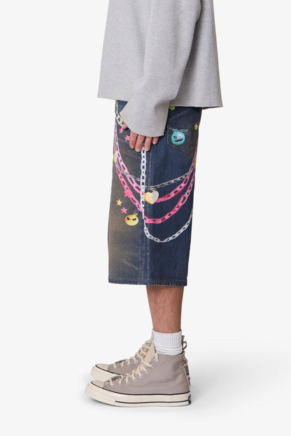 Ultra Baggy Chain Printed Denim Shorts - Blue