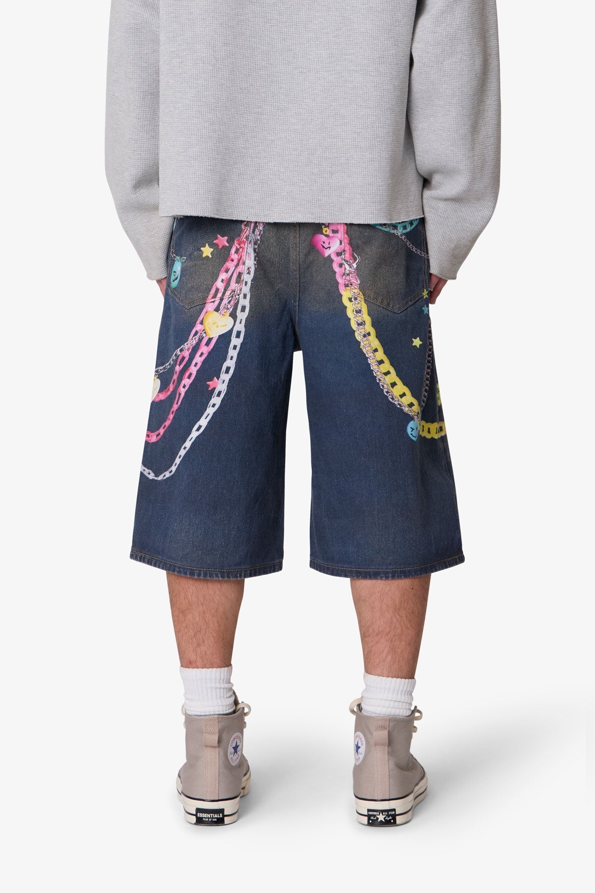 Ultra Baggy Chain Printed Denim Shorts - Blue
