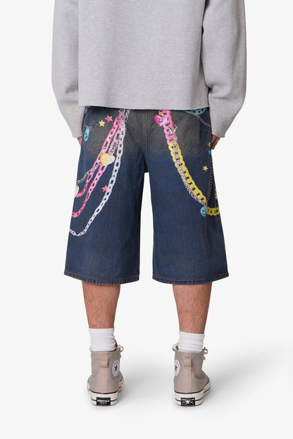 Ultra Baggy Chain Printed Denim Shorts - Blue
