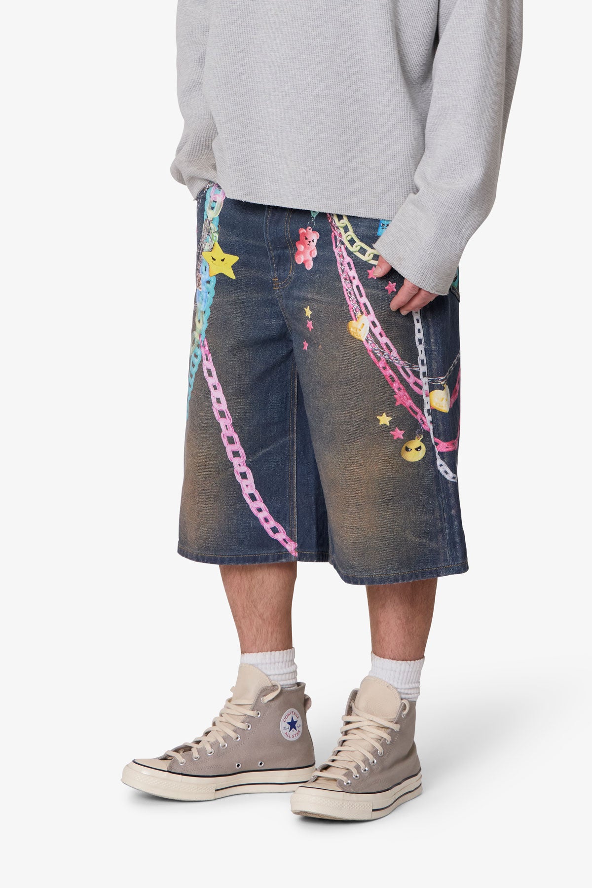 Ultra Baggy Chain Printed Denim Shorts - Blue