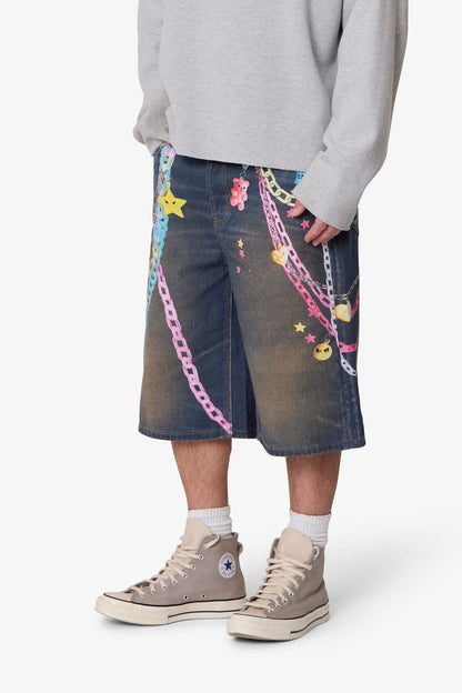 Ultra Baggy Chain Printed Denim Shorts - Blue