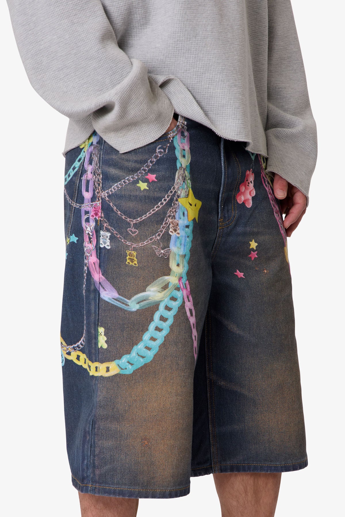 Ultra Baggy Chain Printed Denim Shorts - Blue
