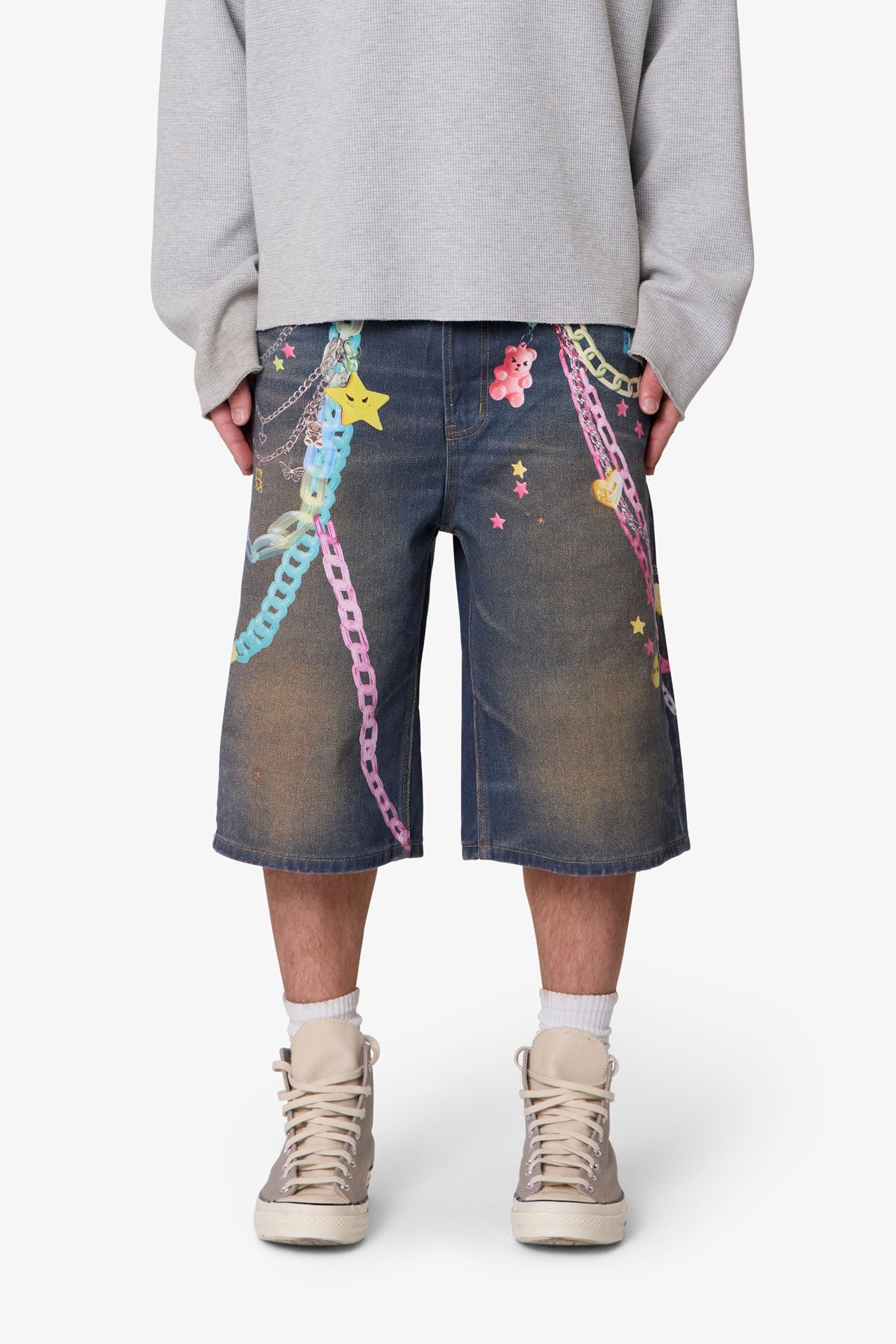 Ultra Baggy Chain Printed Denim Shorts - Blue