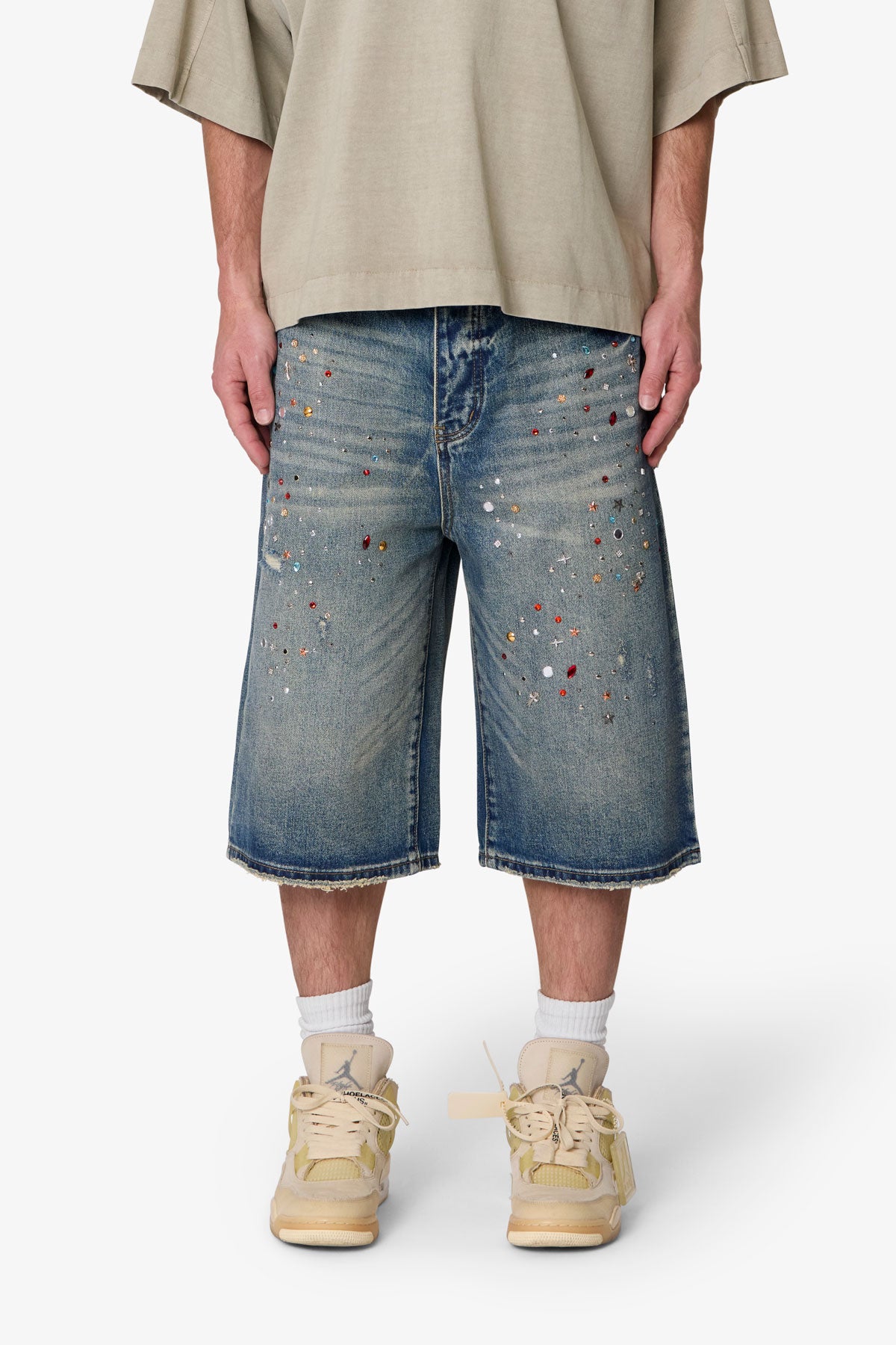 Ultra Baggy Crystal Denim Shorts - Blue