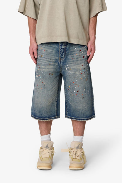 Ultra Baggy Crystal Denim Shorts - Blue
