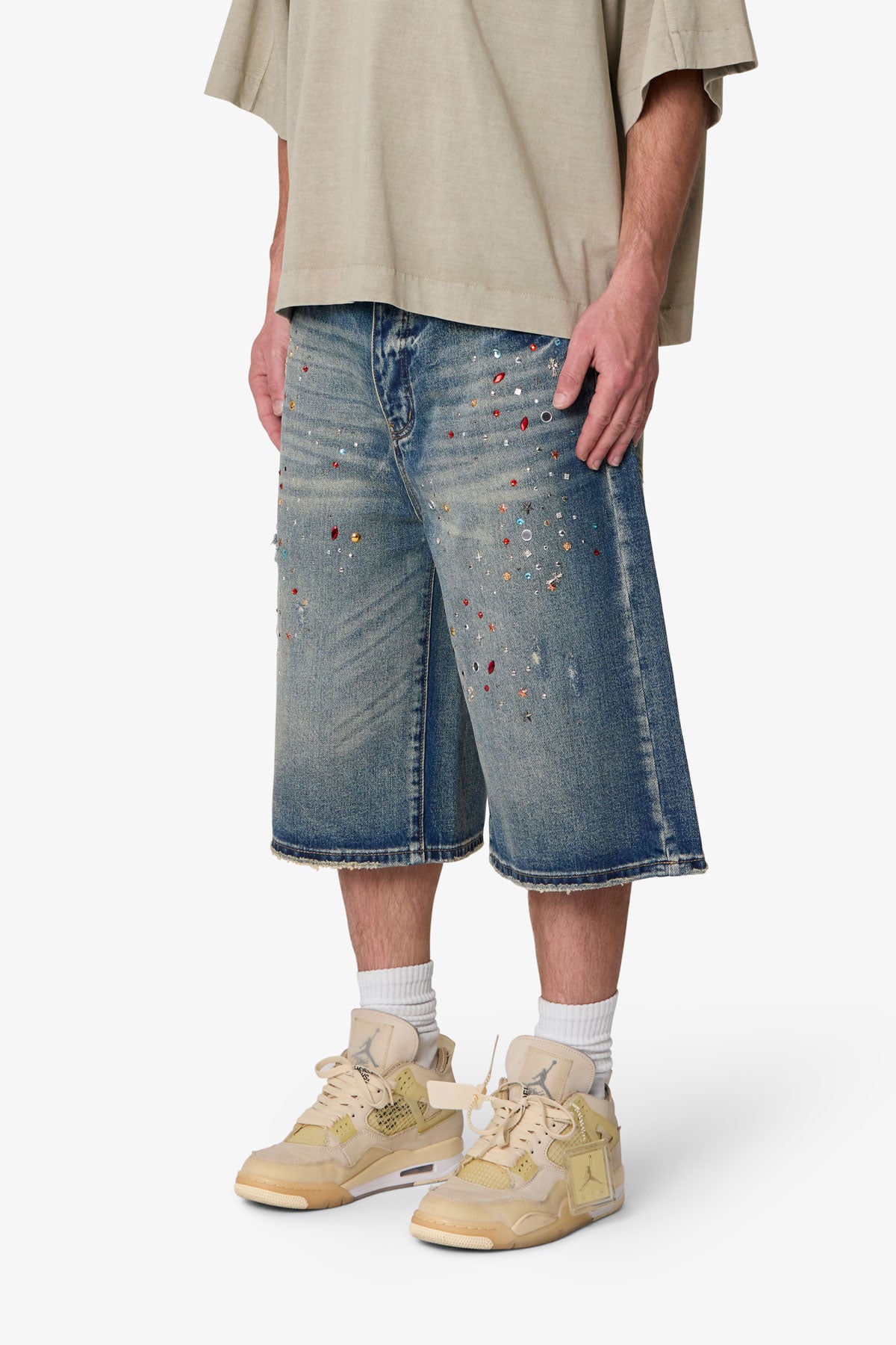 Ultra Baggy Crystal Denim Shorts - Blue