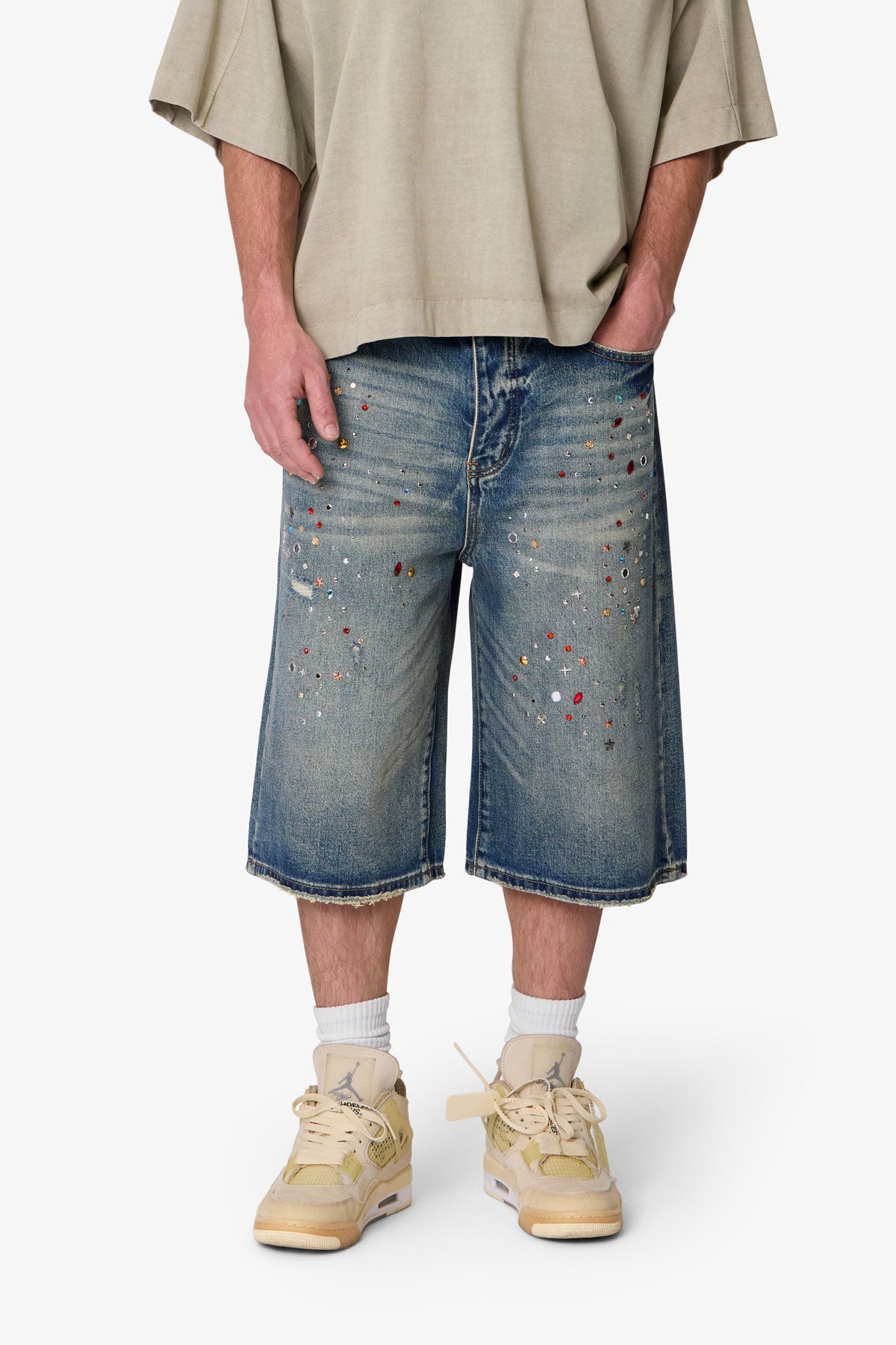 Ultra Baggy Crystal Denim Shorts - Blue