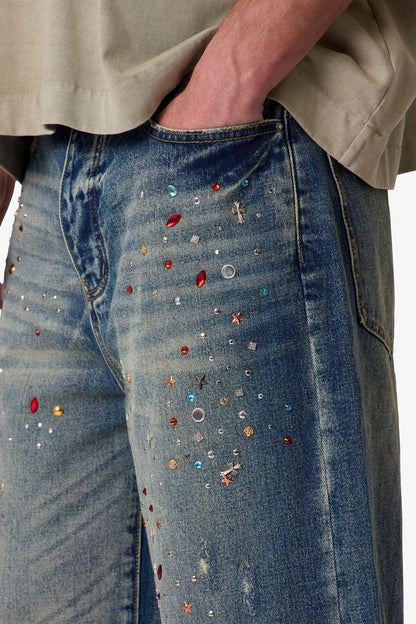 Ultra Baggy Crystal Denim Shorts - Blue
