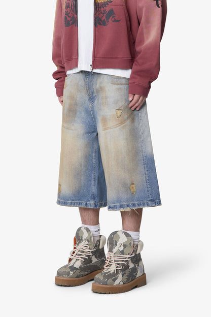 Ultra Baggy Dirty Denim Shorts - Washed Blue