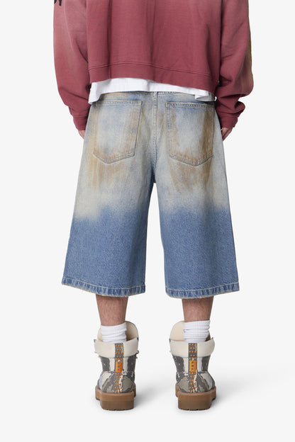 Ultra Baggy Dirty Denim Shorts - Washed Blue
