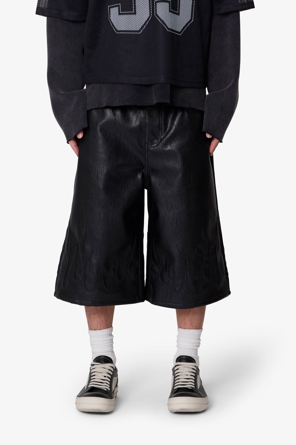 Ultra Baggy Leather Flame Shorts - Black