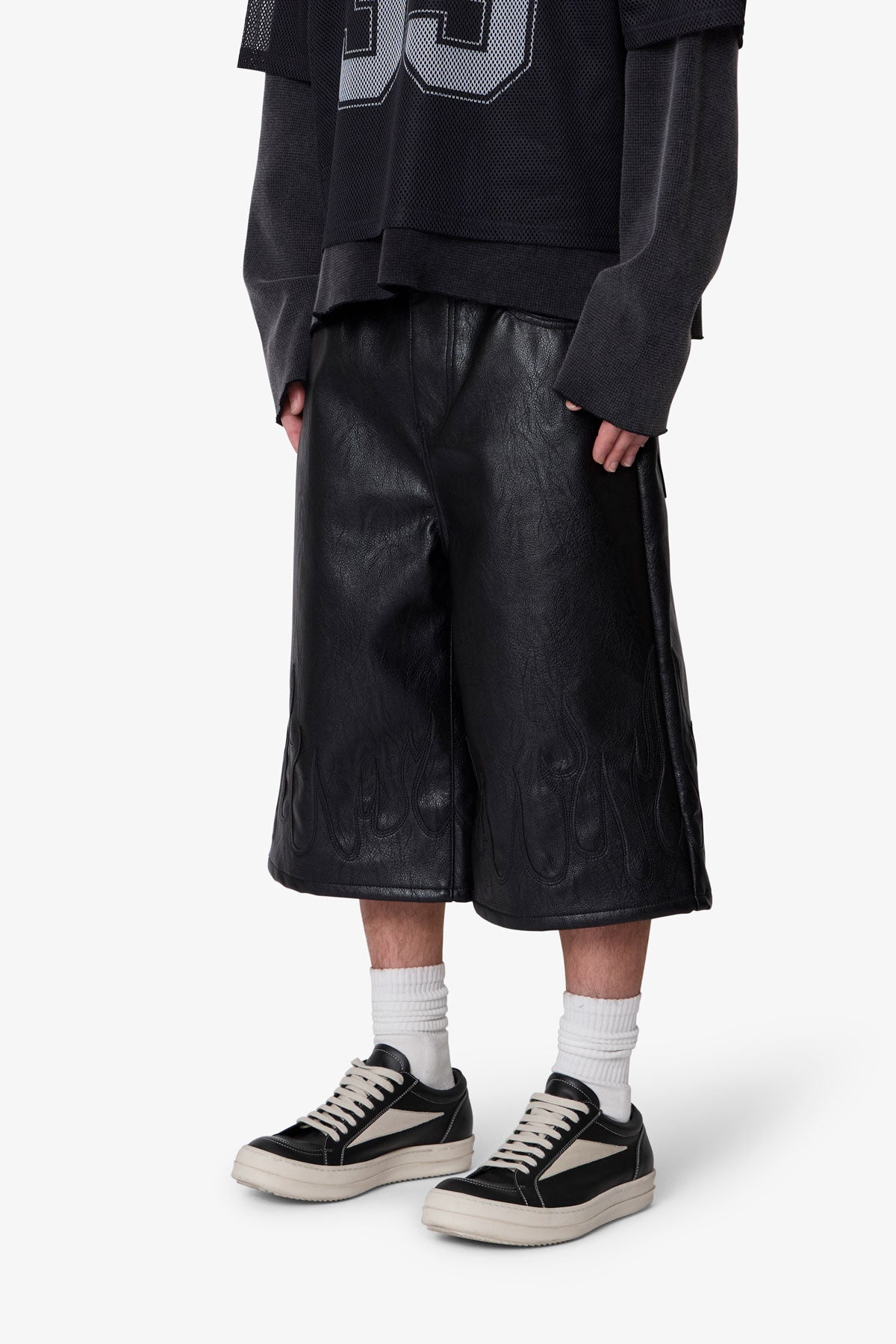 Ultra Baggy Leather Flame Shorts - Black