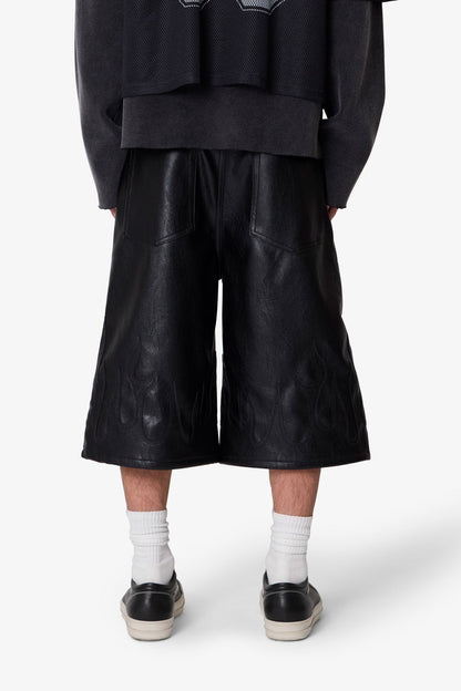 Ultra Baggy Leather Flame Shorts - Black