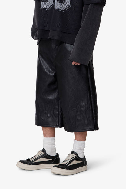 Ultra Baggy Leather Flame Shorts - Black