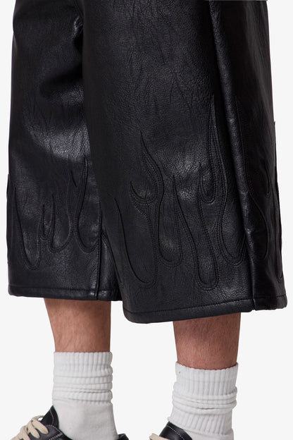 Ultra Baggy Leather Flame Shorts - Black