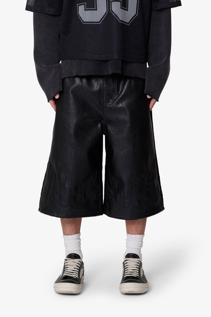 Ultra Baggy Leather Flame Shorts - Black