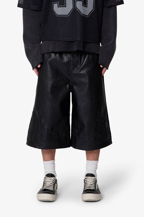 Ultra Baggy Leather Flame Shorts - Black
