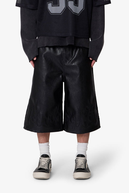 Ultra Baggy Leather Flame Shorts - Black