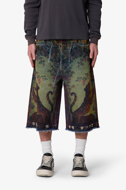 Ultra Baggy Leopard Denim Shorts - Multi