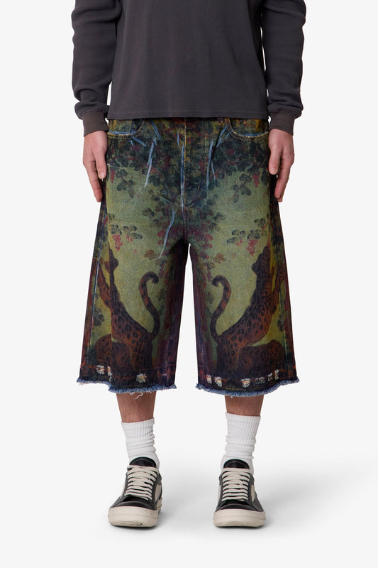 Ultra Baggy Leopard Denim Shorts - Multi