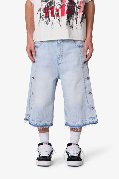 Ultra Baggy Offset Button Denim Shorts - Light Blue