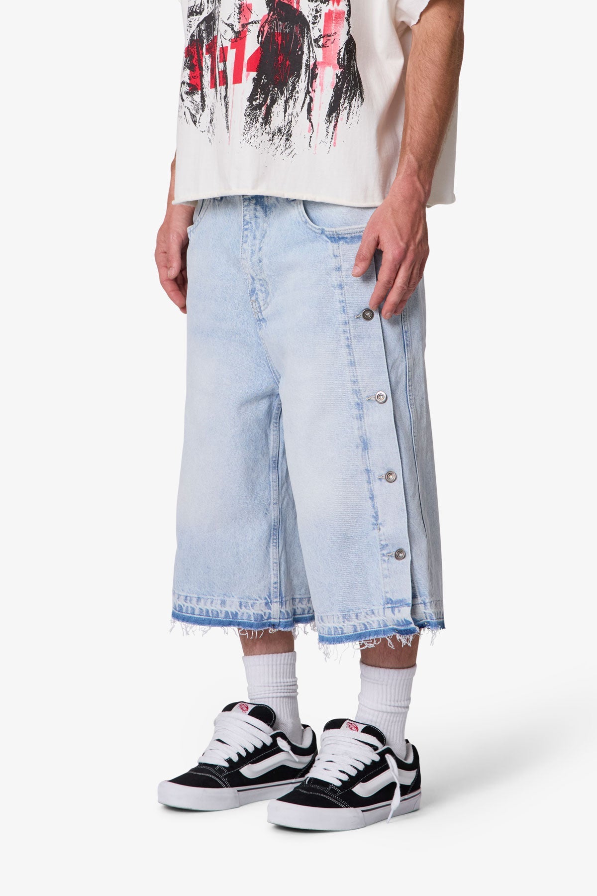 Ultra Baggy Offset Button Denim Shorts - Light Blue