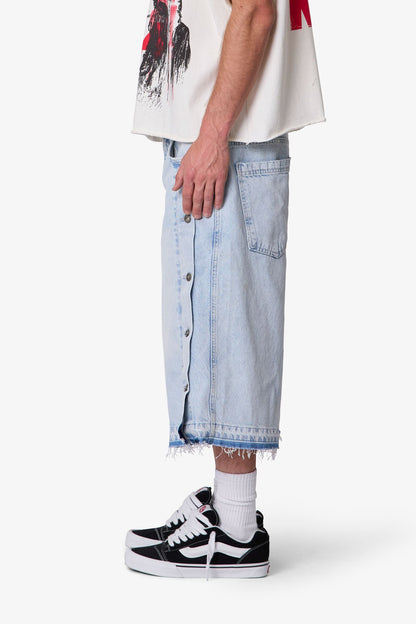 Ultra Baggy Offset Button Denim Shorts - Light Blue
