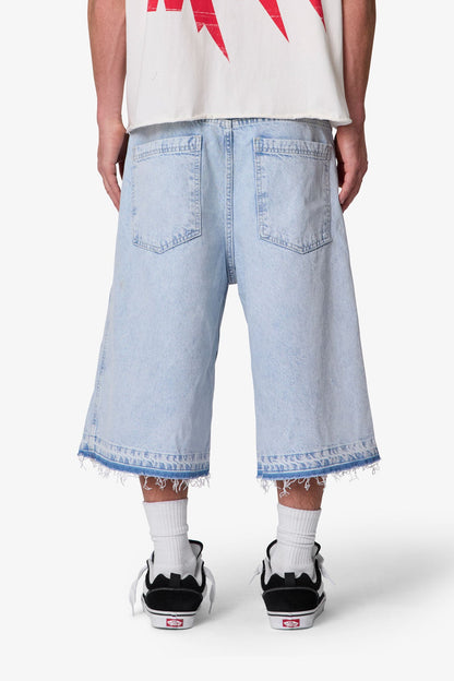 Ultra Baggy Offset Button Denim Shorts - Light Blue