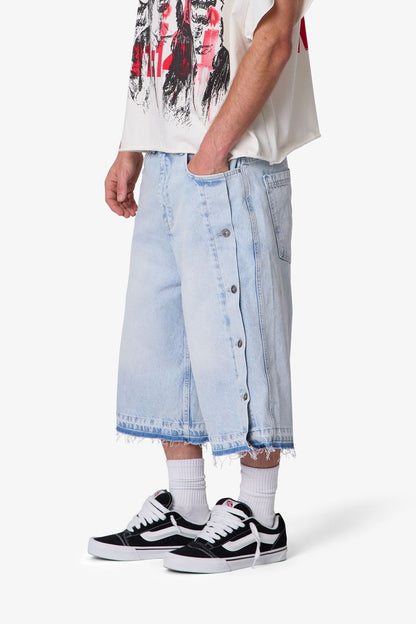 Ultra Baggy Offset Button Denim Shorts - Light Blue