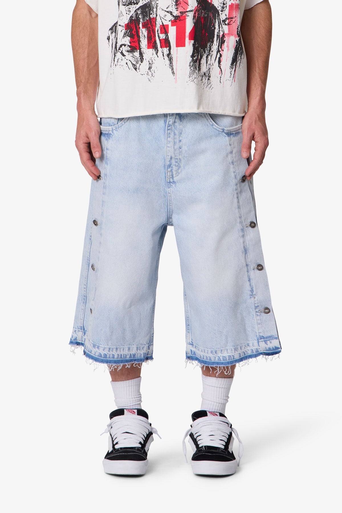 Ultra Baggy Offset Button Denim Shorts - Light Blue