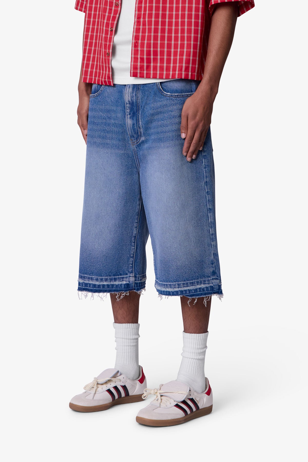 Ultra Baggy Raw Hem Denim Shorts - Washed Blue