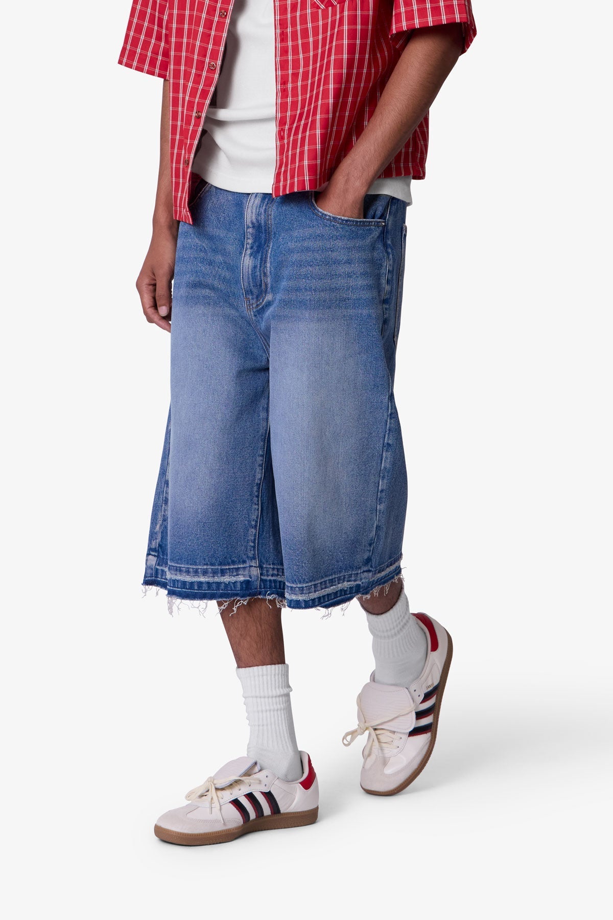 Ultra Baggy Raw Hem Denim Shorts - Washed Blue