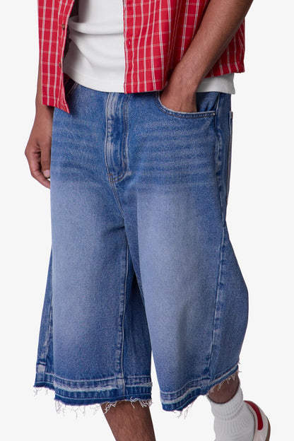 Ultra Baggy Raw Hem Denim Shorts - Washed Blue