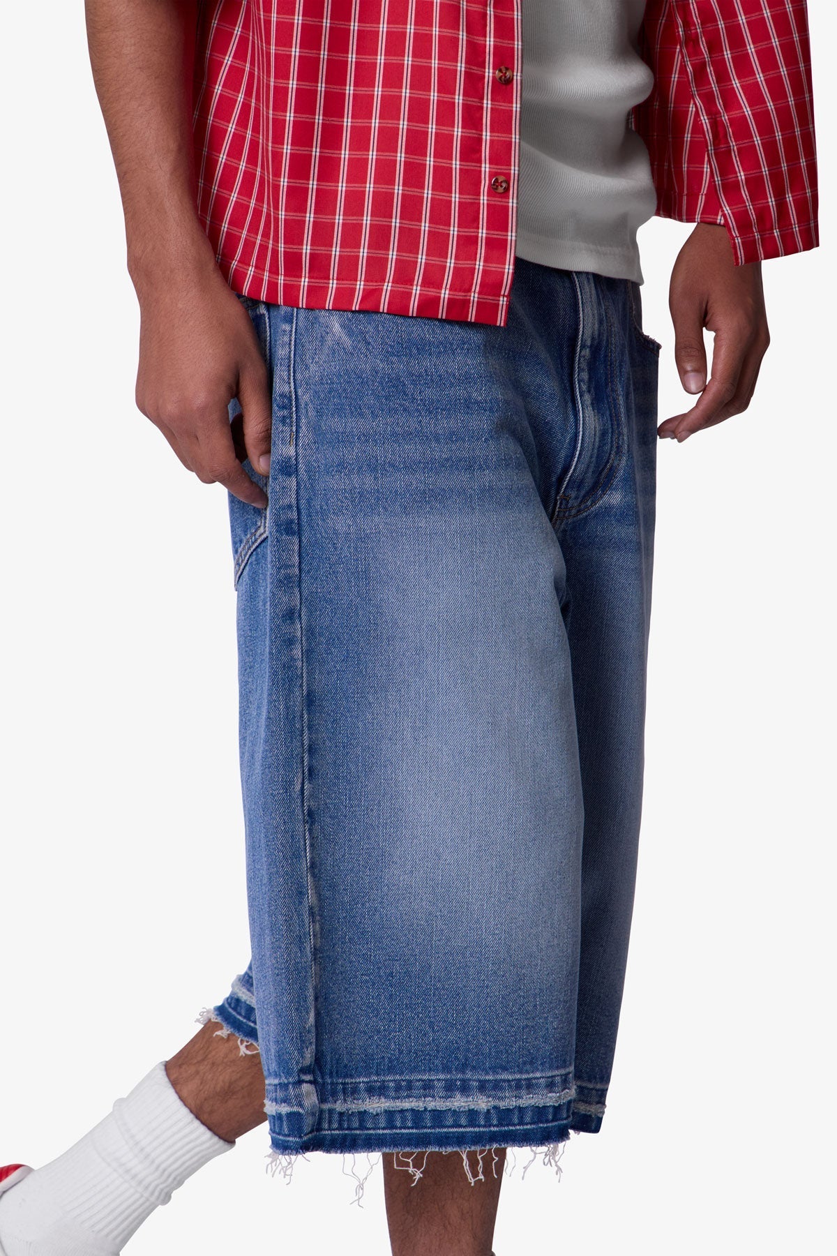 Ultra Baggy Raw Hem Denim Shorts - Washed Blue