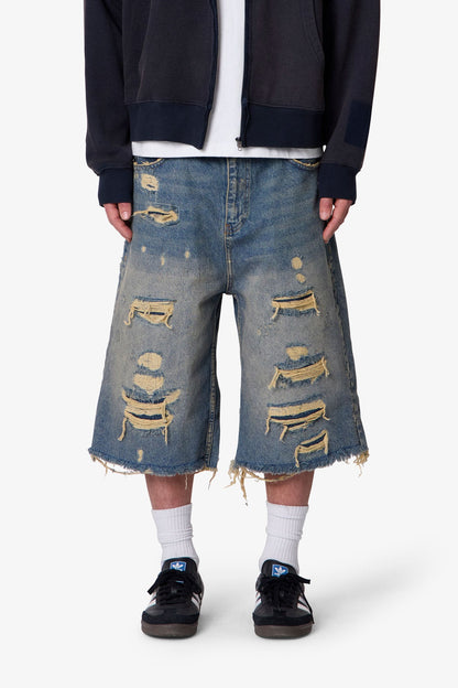 Ultra Baggy Repaired Denim Shorts - Blue