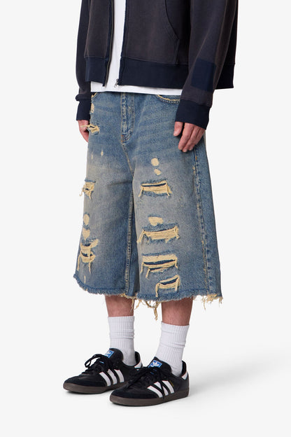 Ultra Baggy Repaired Denim Shorts - Blue
