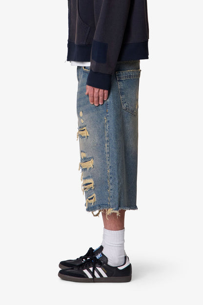 Ultra Baggy Repaired Denim Shorts - Blue