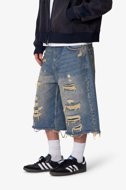 Ultra Baggy Repaired Denim Shorts - Blue