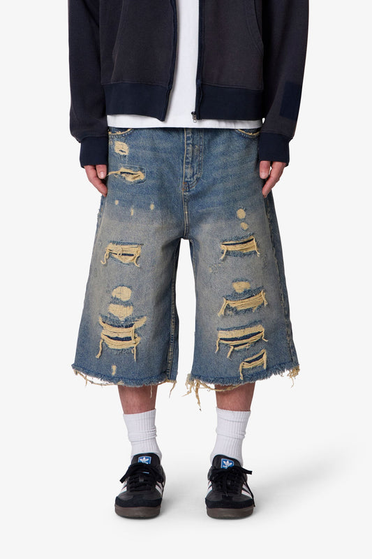 Ultra Baggy Repaired Denim Shorts - Blue