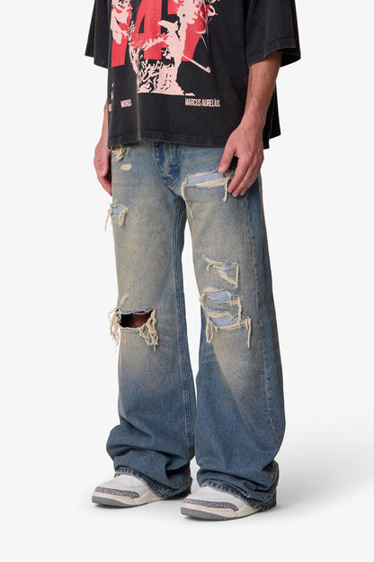 Ultra Wide Distressed Denim - Blue