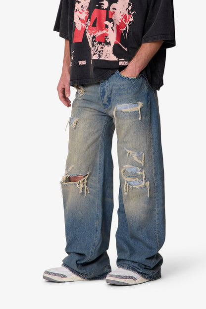 Ultra Wide Distressed Denim - Blue