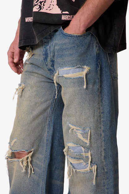 Ultra Wide Distressed Denim - Blue